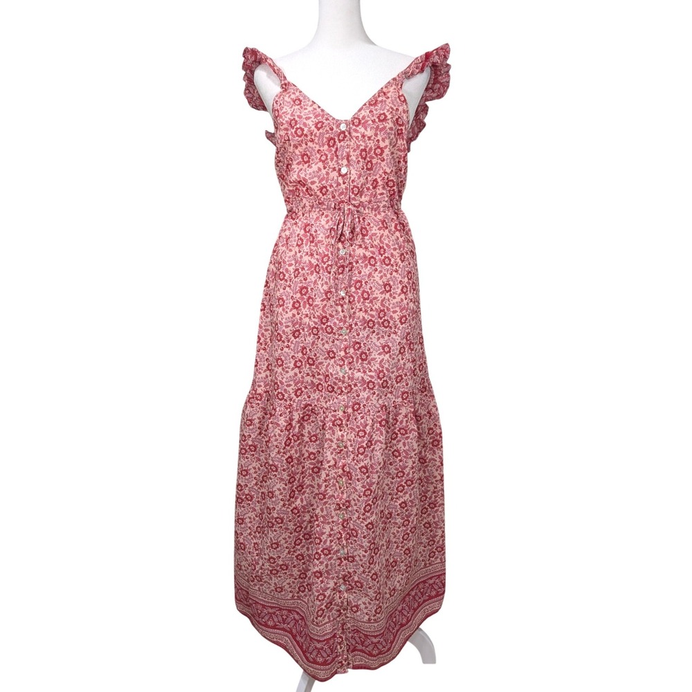 Faherty Pink Floral Print Ruffle Sleeve Tiered Maxi Dress Boho Cottagecore Small